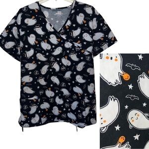 Wear For Care Black Halloween Ghosts Medical Scrub Shirt Size XL